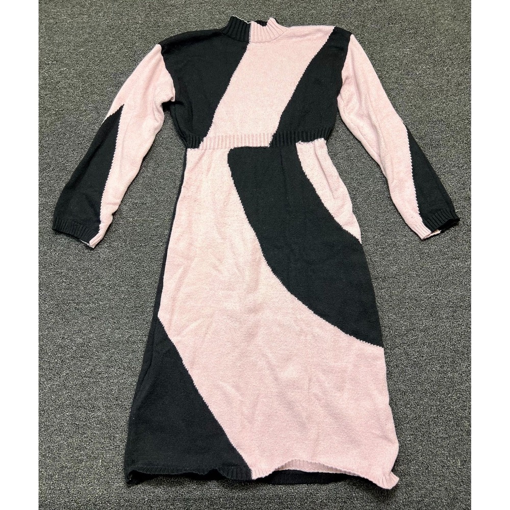 Shein Sweater Dress Women 6 Black Pink Tight Knit Cinch Waist Mock Neck Pullover